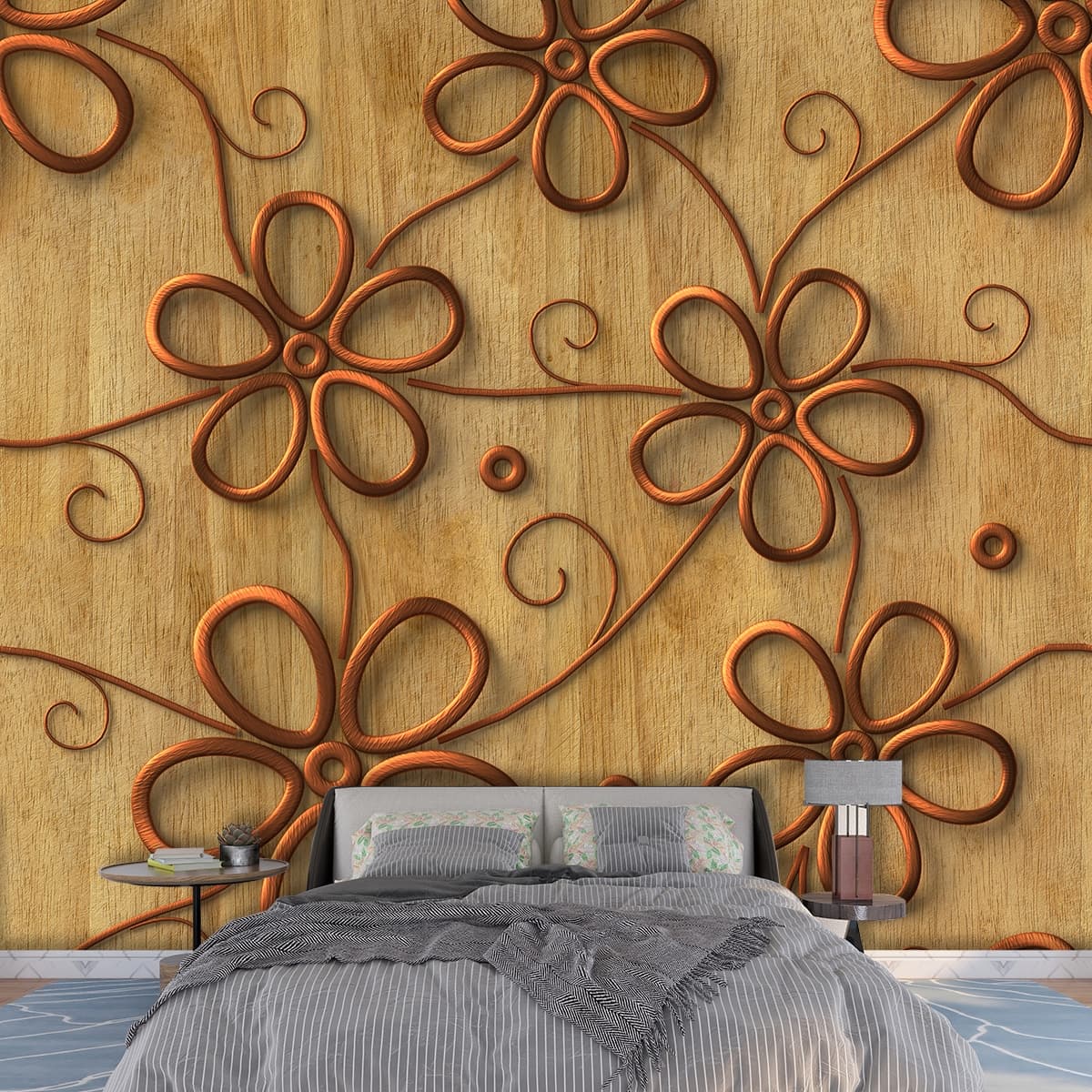 Vintage Carved Wooden Floral Panel Wallpaper Design shown in a room