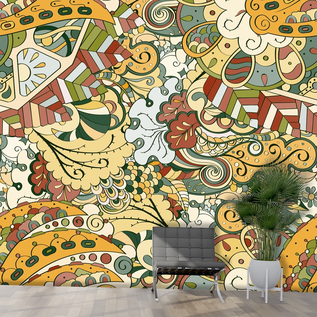 Colorful Swirl Pattern Abstract Artistic Design wallpaper shown in a room