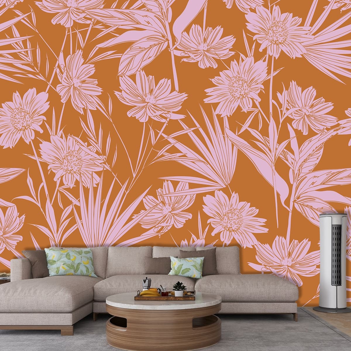 A pattern of flowers and leaves shown in a room