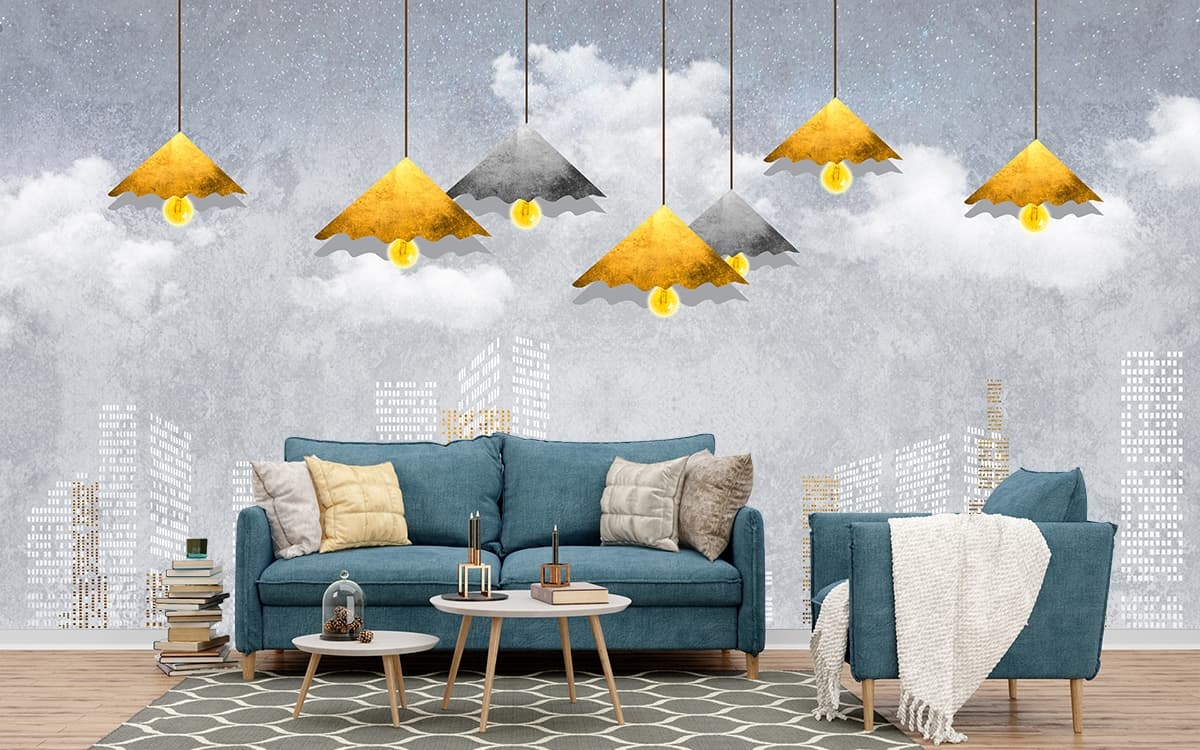 Colorful Umbrella Cityscape Artistic Modern wallpaper shown in a room