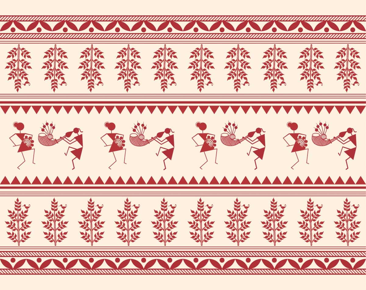 Red and White Warli art Painting Wallpaper pattern detail
