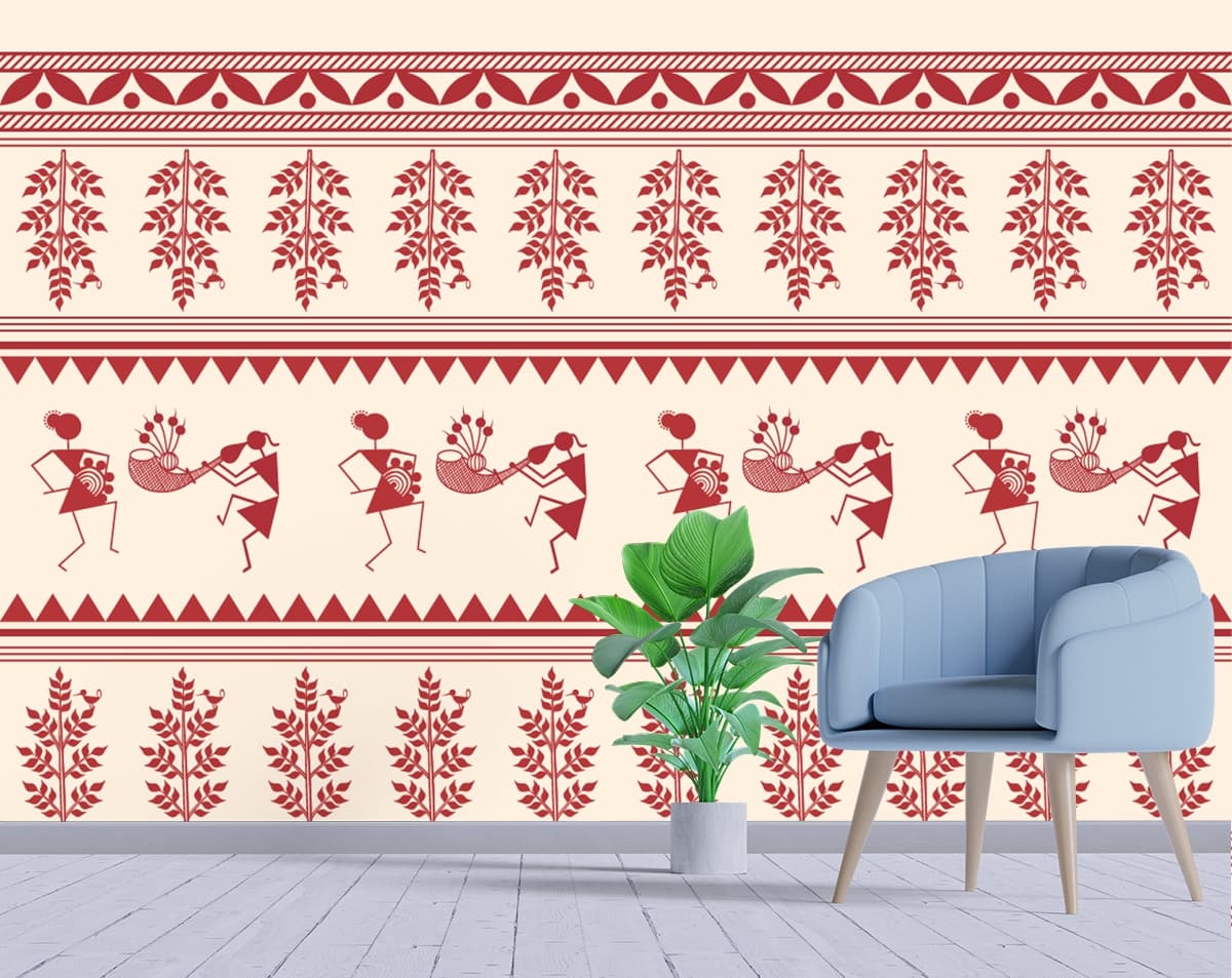 Red and White Warli art Painting Wallpaper shown in a room