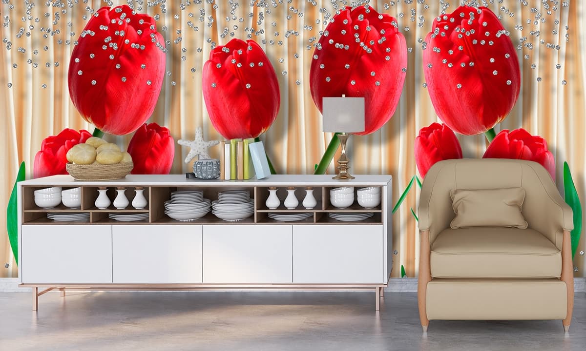 Elegant Ruby Tulip Garden Wallpaper Mural shown in a room