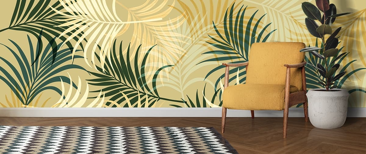 A Green and Gold Leaves Hues Wallpaper shown in a room