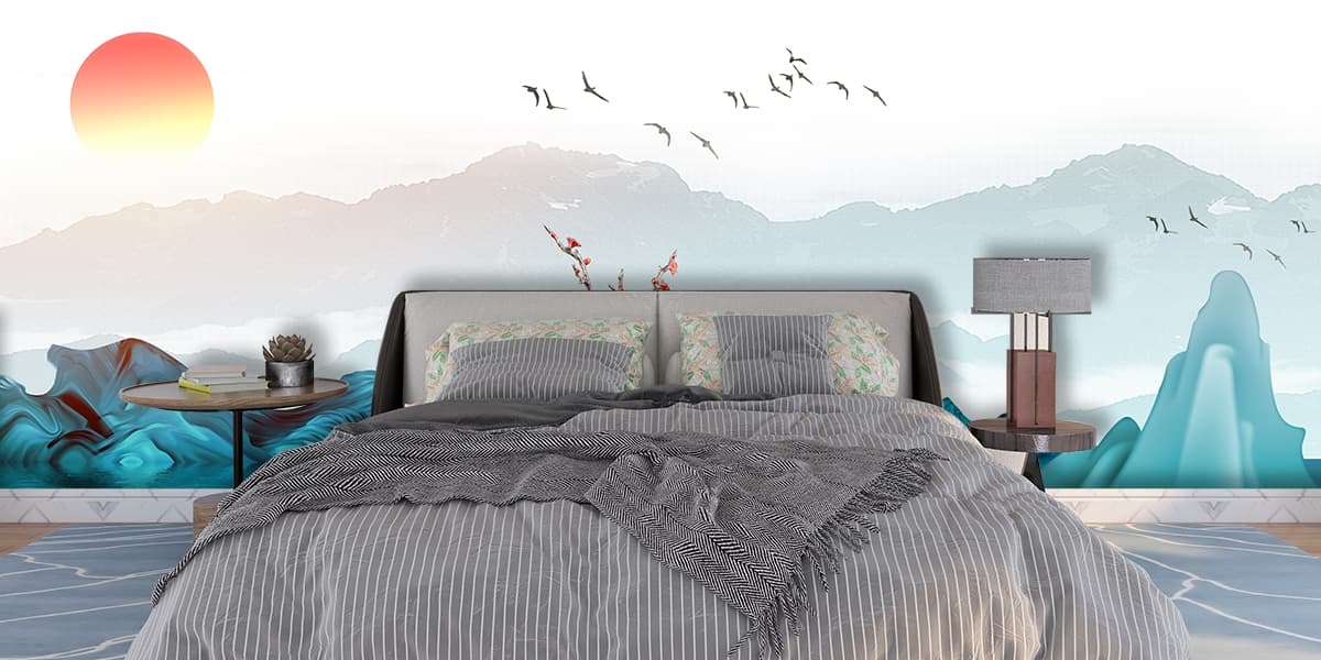 Classic Nature Style Blue Mountain Wallpaper shown in a room