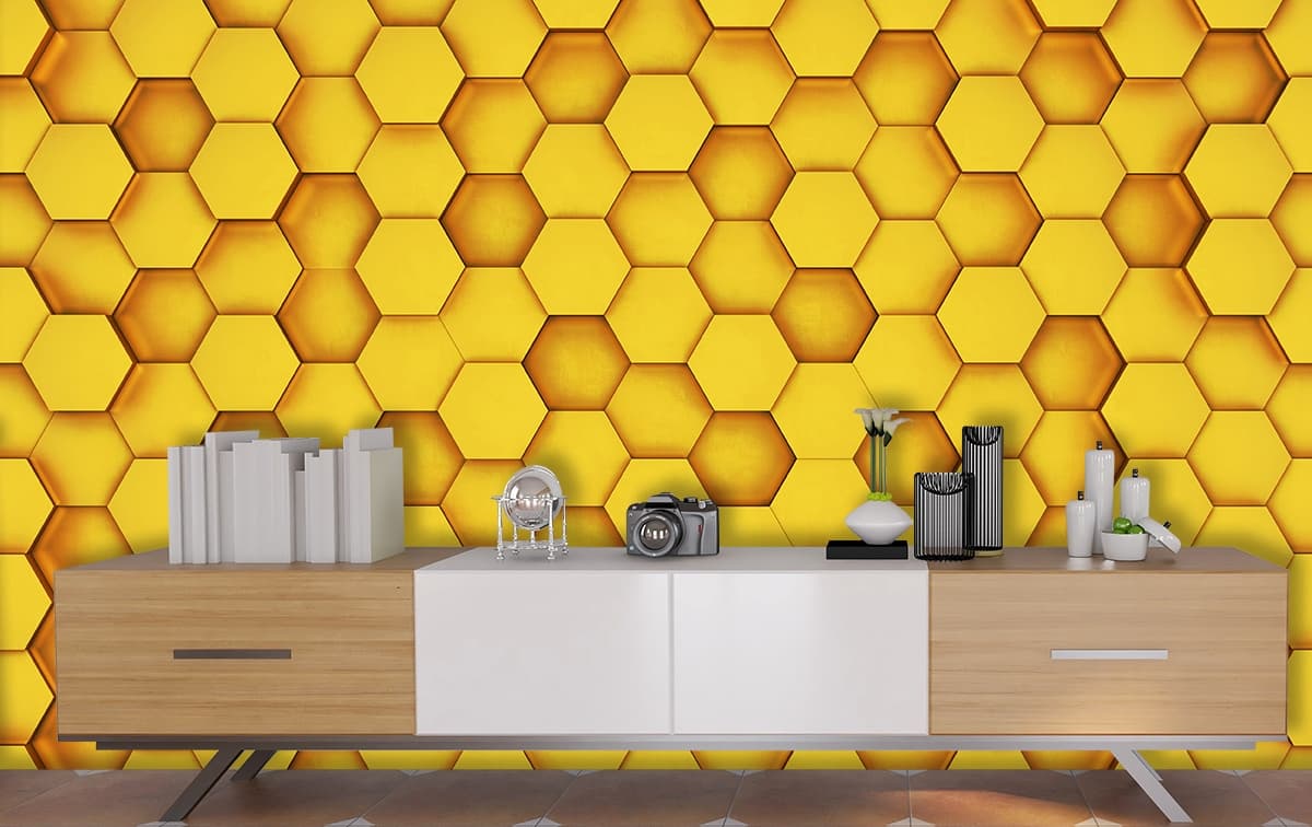Yellow Hexagon Pattern Modern Wall Mural Wallpaper shown in a room