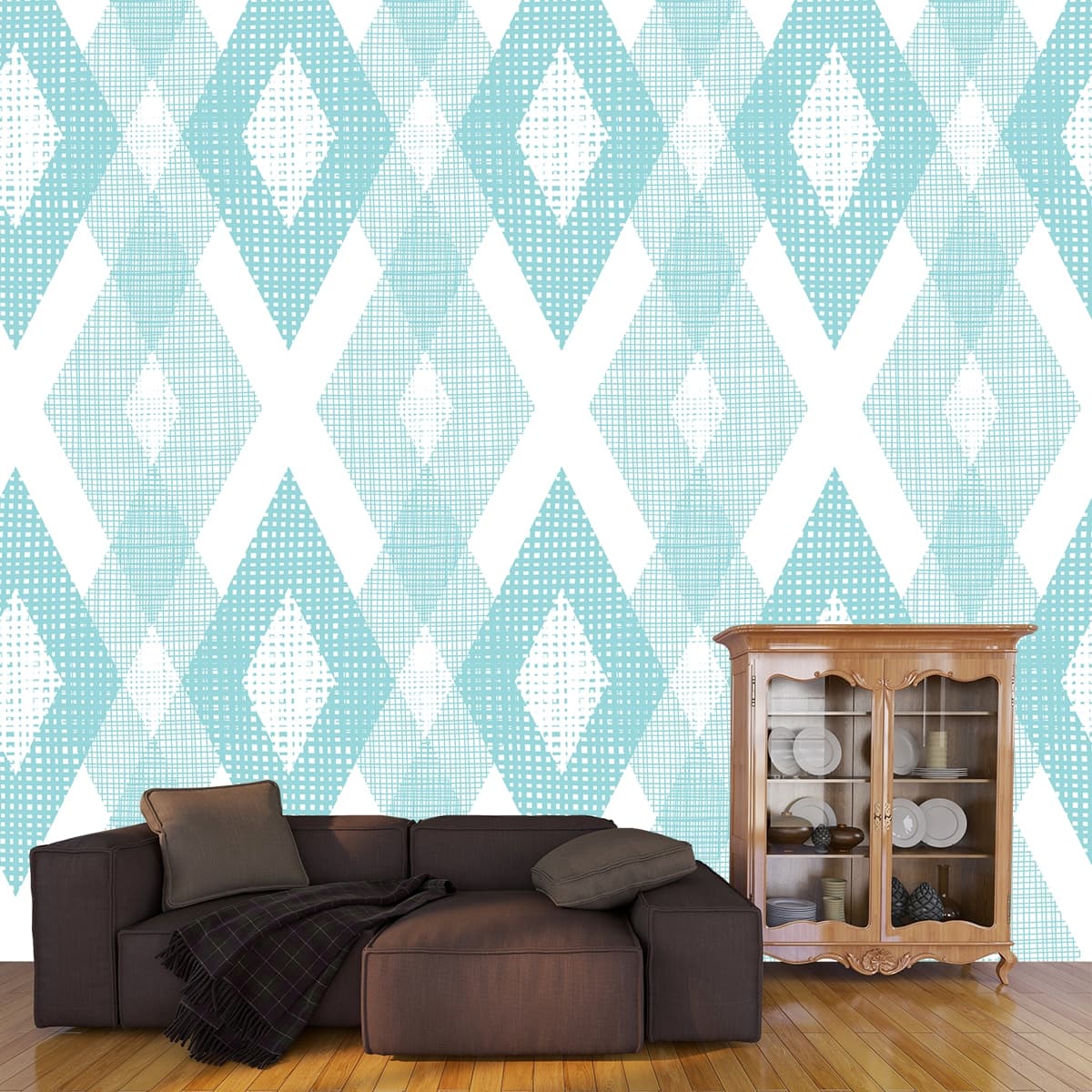 Blue and White Diamond Geometric Pattern Wallpaper shown in a room