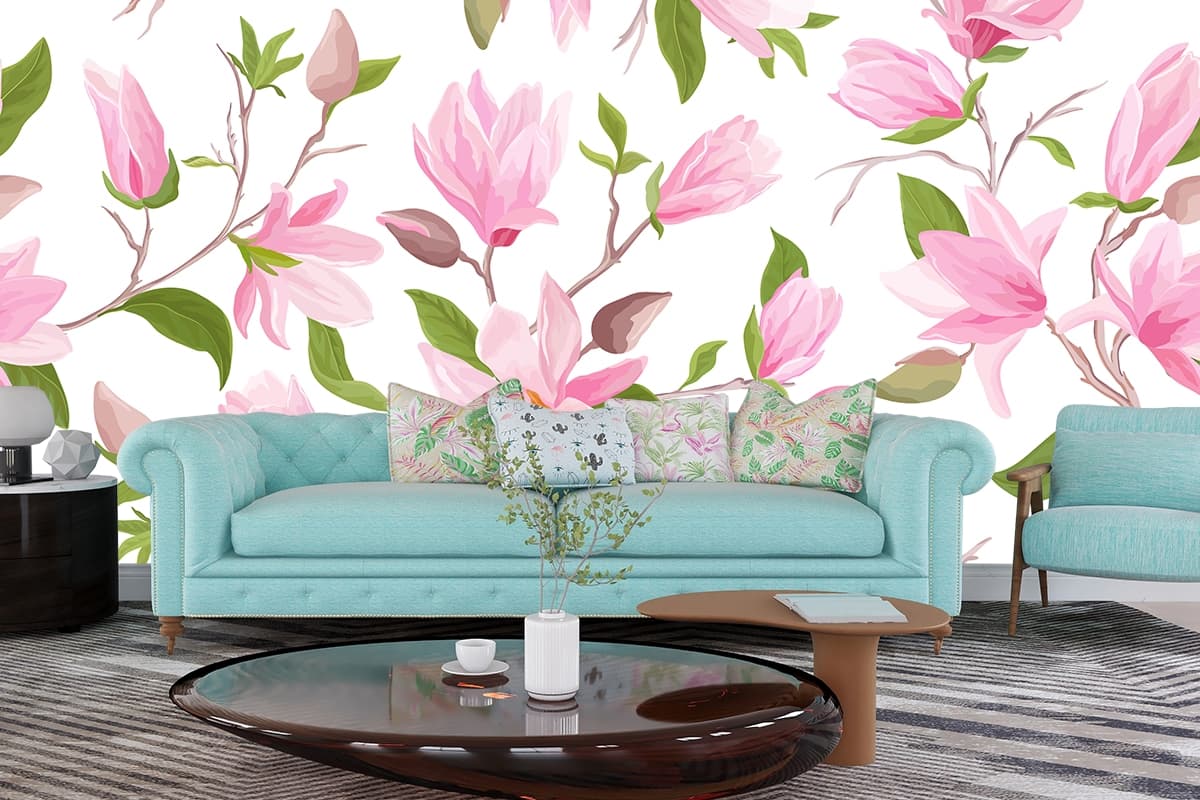 Watercolour Pink Magnolia Wallpaper shown in a room