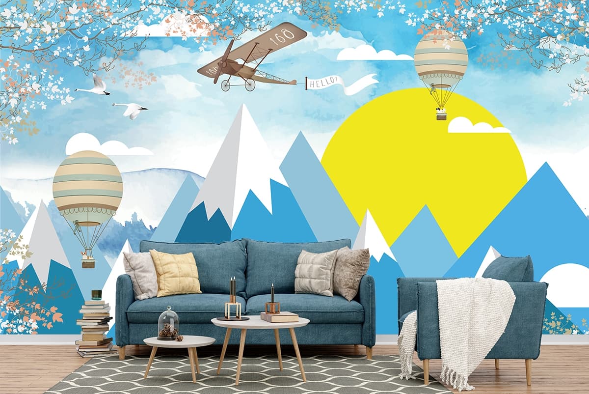 Mountain Sky Adventure Wallpaper shown in a room