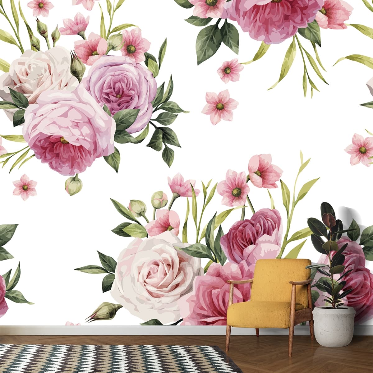 Elegant Floral and Leaf Pattern Aesthetic Wallpaper shown in a room