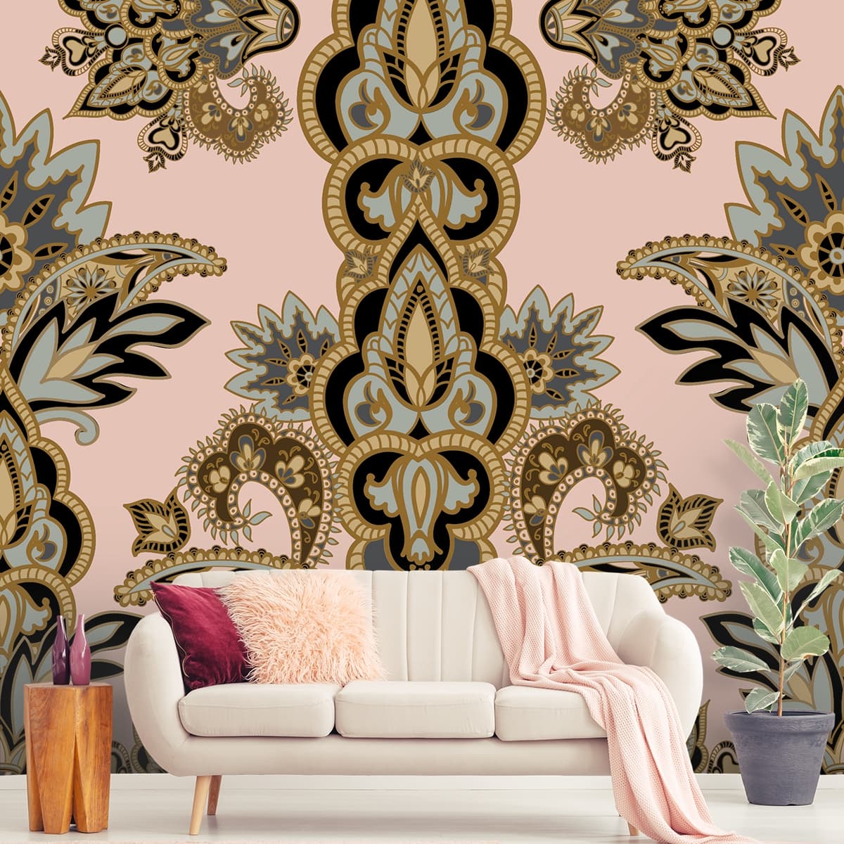 Paisley and Floral Pattern Traditional Wall Mural Wallpaper shown in a room