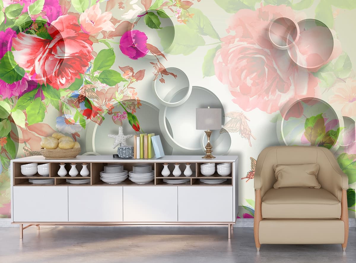 A floral design with circles and flowers shown in a room