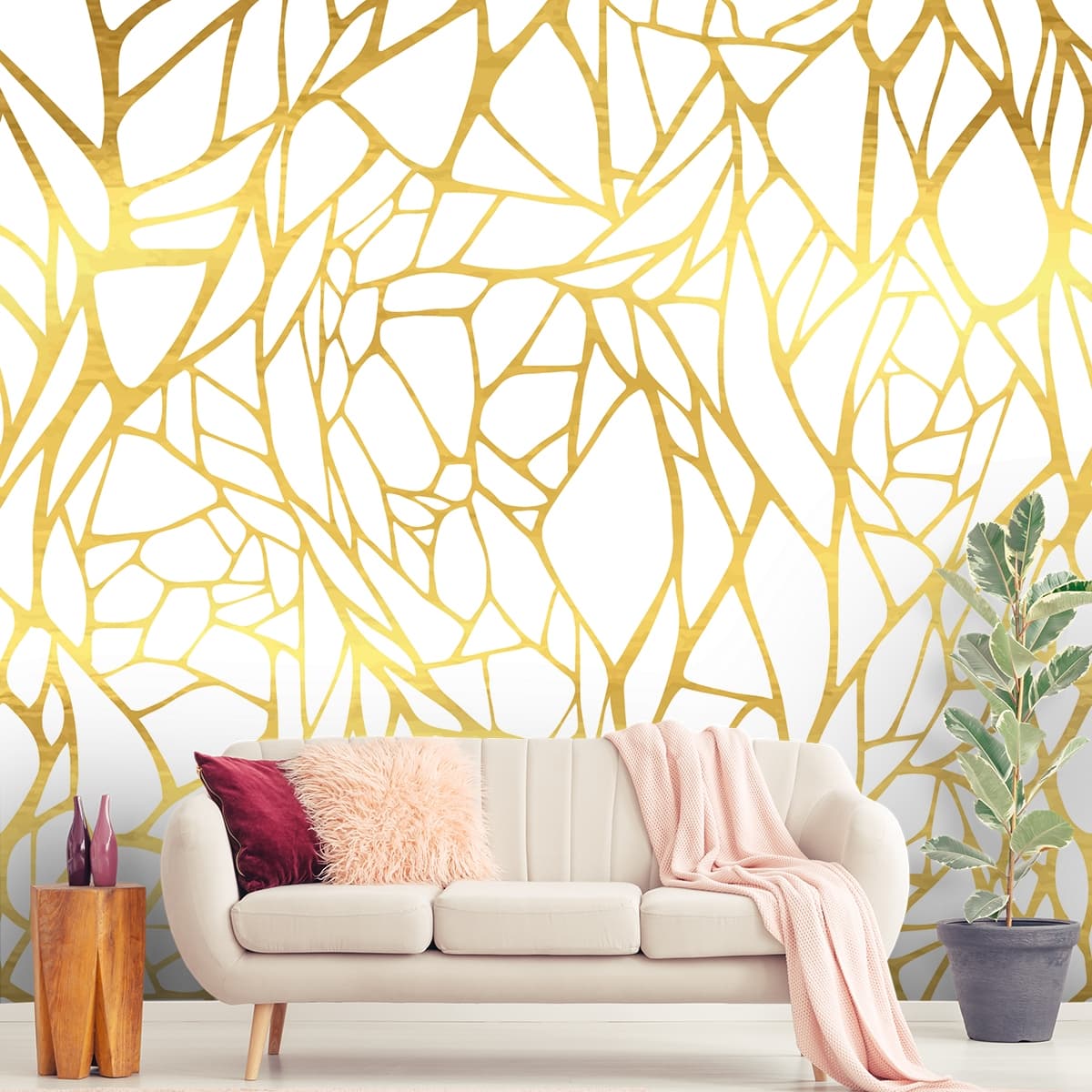 White and Golden Hues Pattern Wallpaper shown in a room