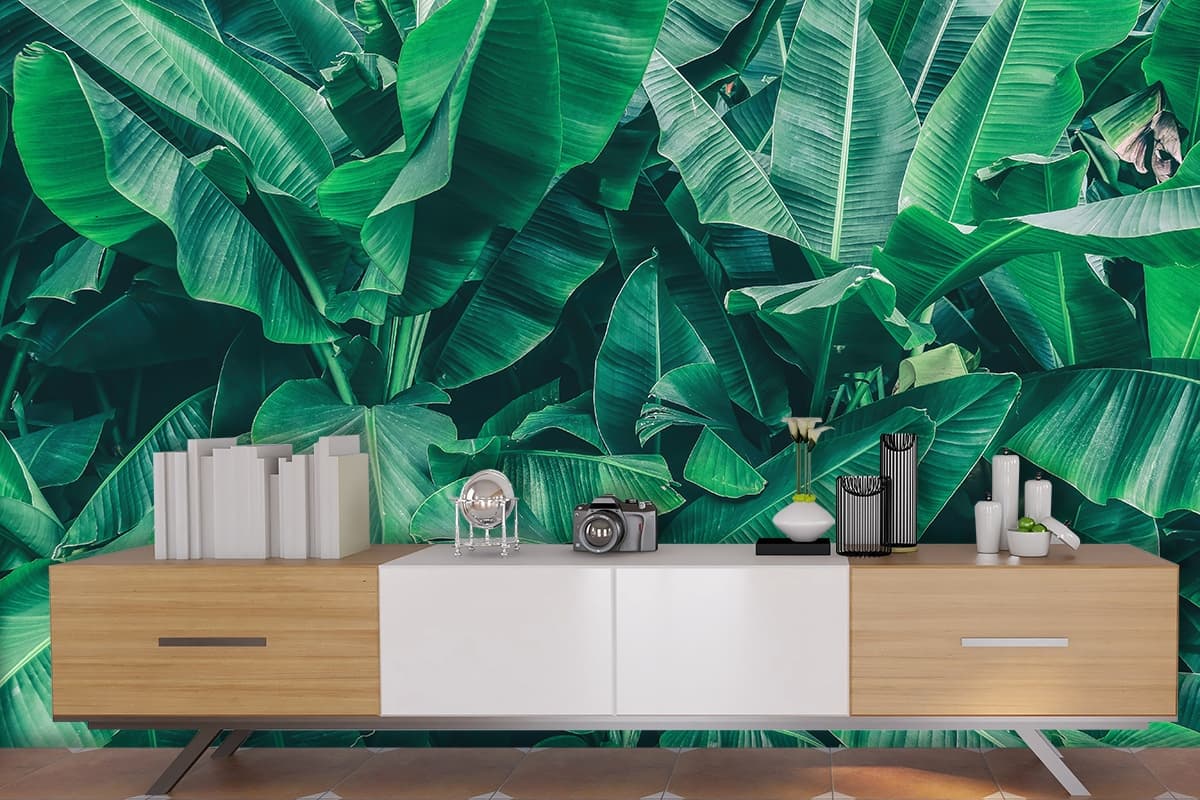 Modern Tropical Botanical Leaves Wallpaper shown in a room