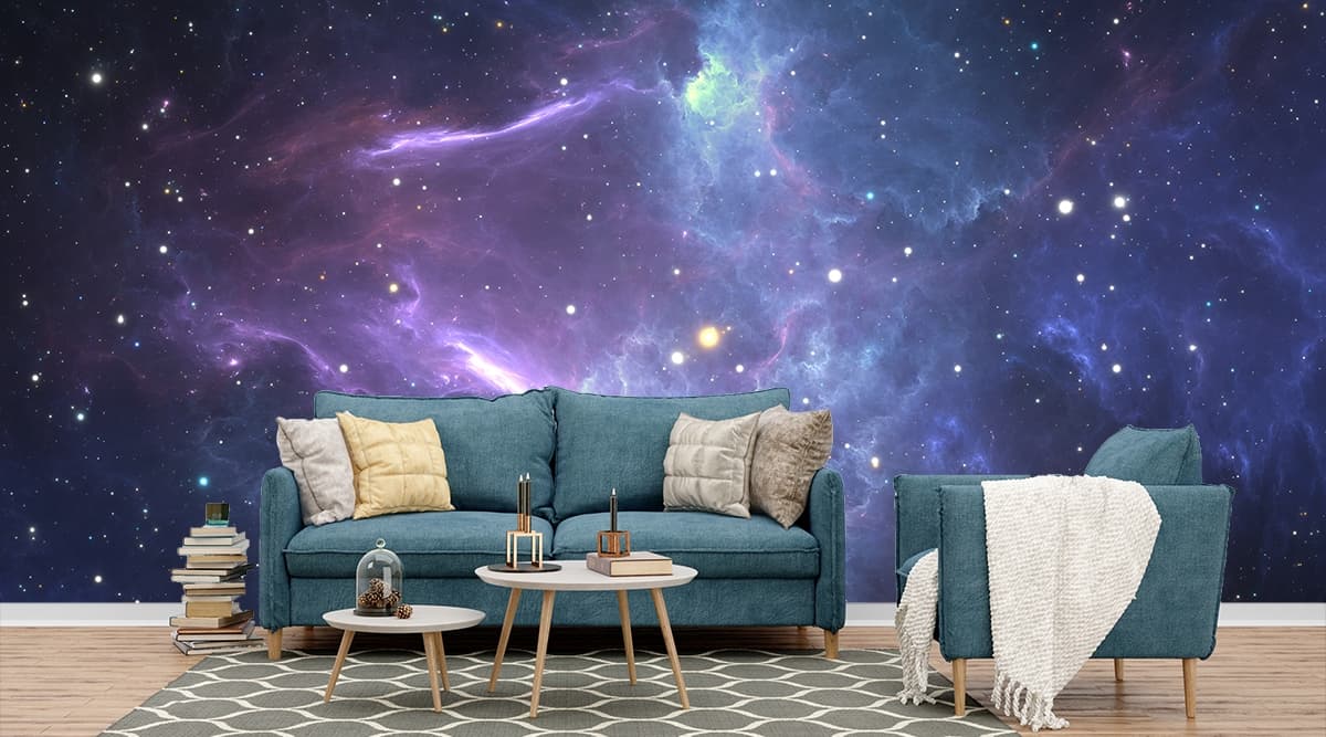 Purple and Blue nebula Wallpaper for Ceiling shown in a room