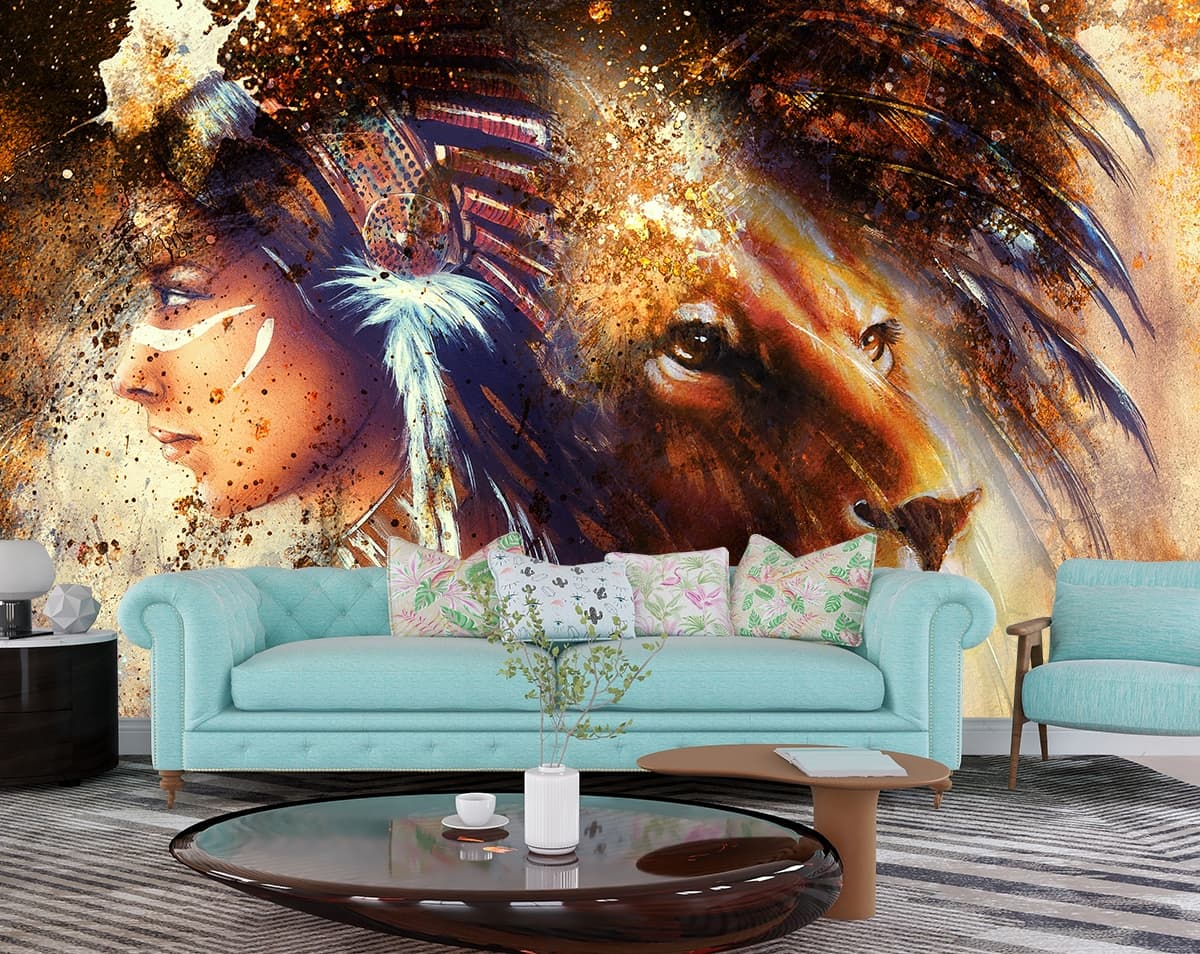 Lion Painting Wallpaper for Wall shown in a room