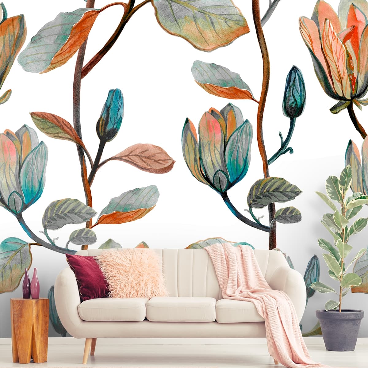 A Beautiful Floral Painting Wallpaper Mural shown in a room