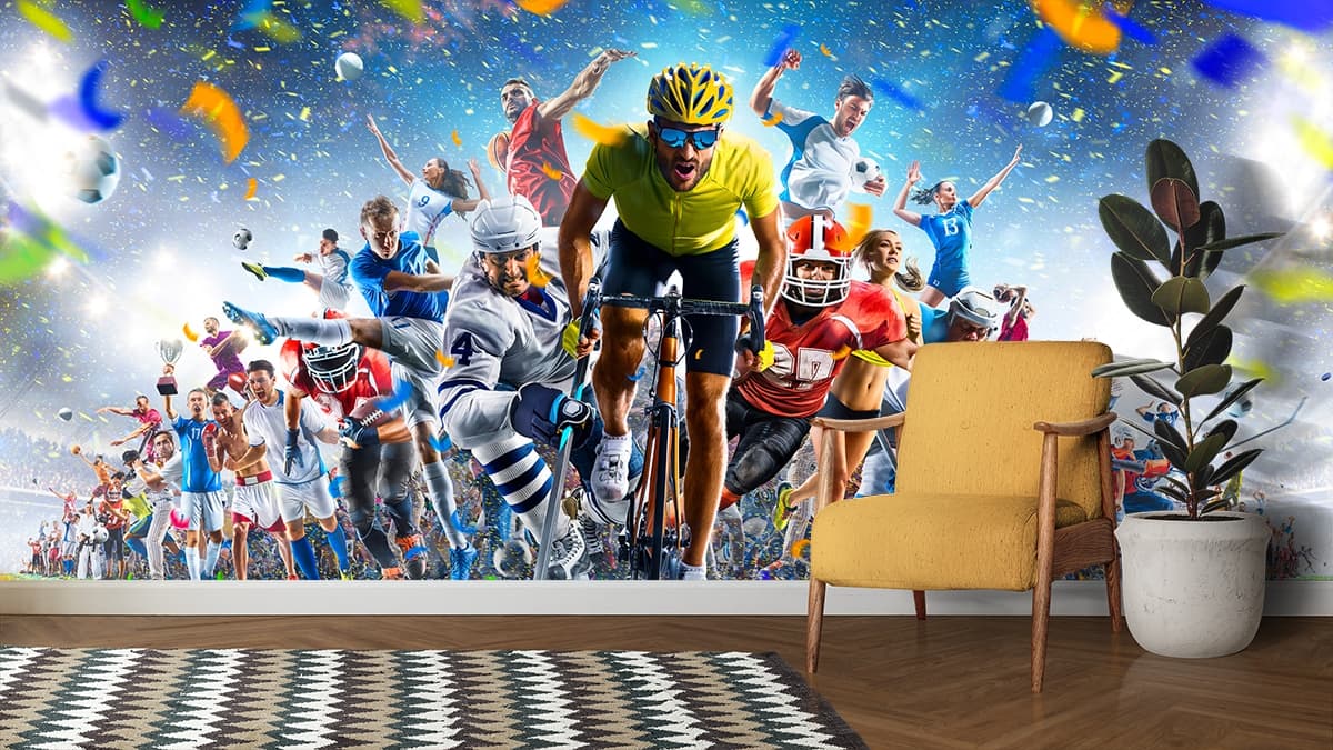 Sporty Athletes Wallpaper Mural shown in a room
