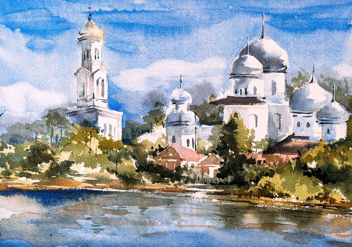 Watercolor Palace with Domes by Lakeside Wall Wallpaper pattern detail