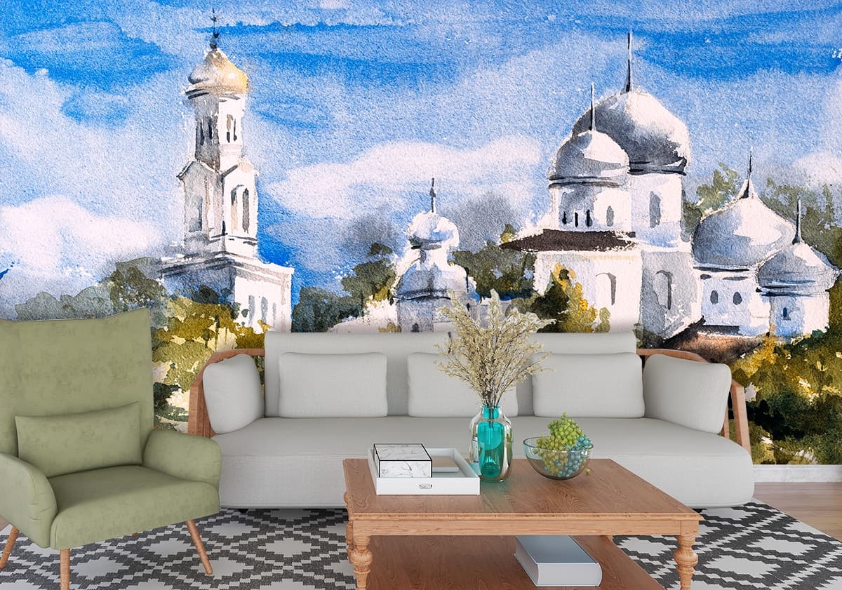Watercolor Palace with Domes by Lakeside Wall Wallpaper shown in a room