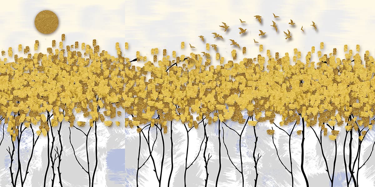 Golden Trees with Flock of Birds Wallpaper pattern detail