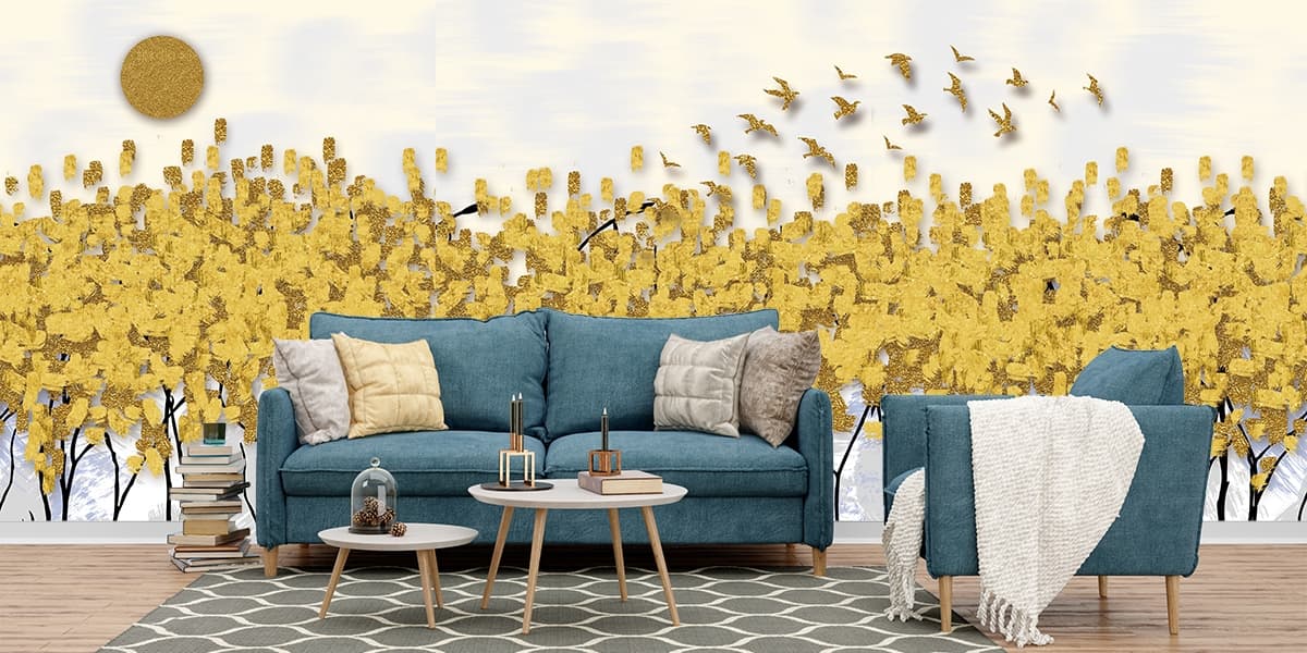 Golden Trees with Flock of Birds Wallpaper shown in a room