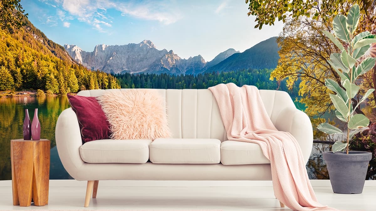 Beautiful River Landscape, Forest Wallpaper for Walls shown in a room