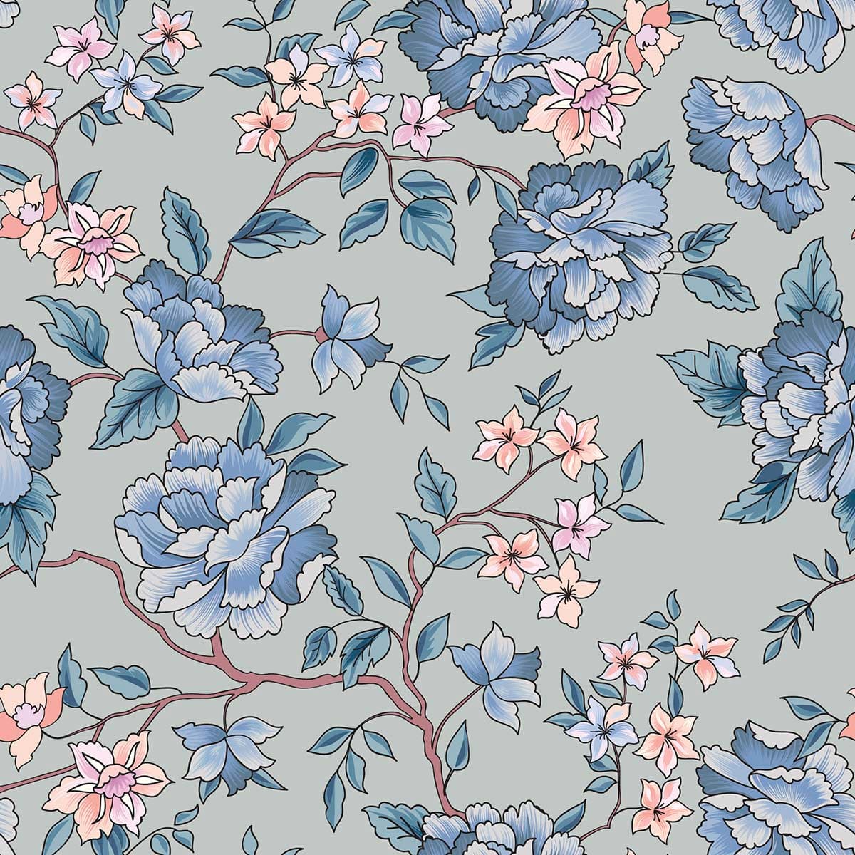A Retro Oriental Design Floral Wallpaper pattern detail