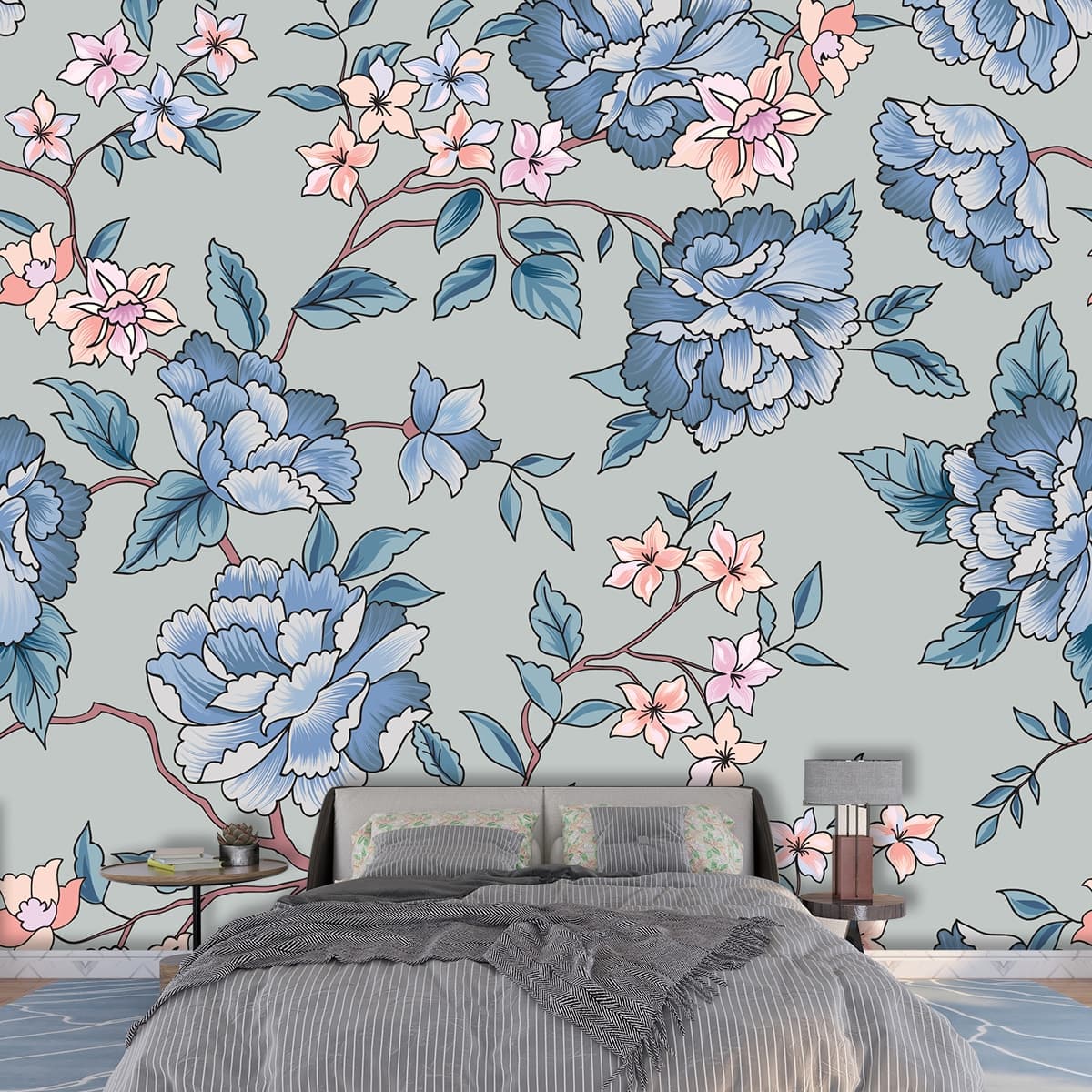 A Retro Oriental Design Floral Wallpaper shown in a room