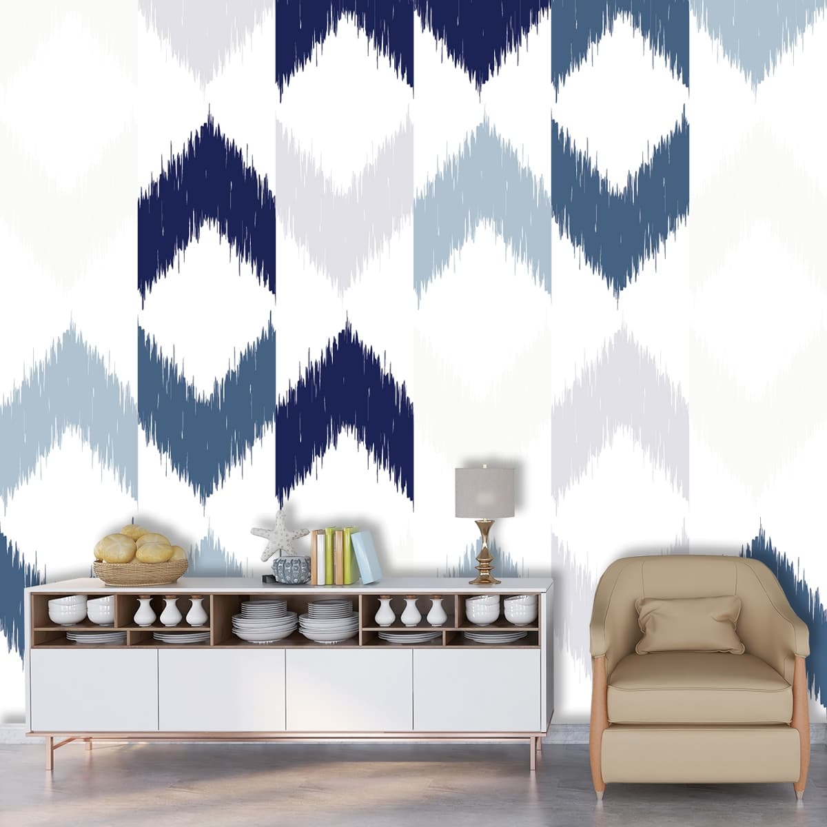 Classic Blue and White Pattern Wallpaper Mural shown in a room