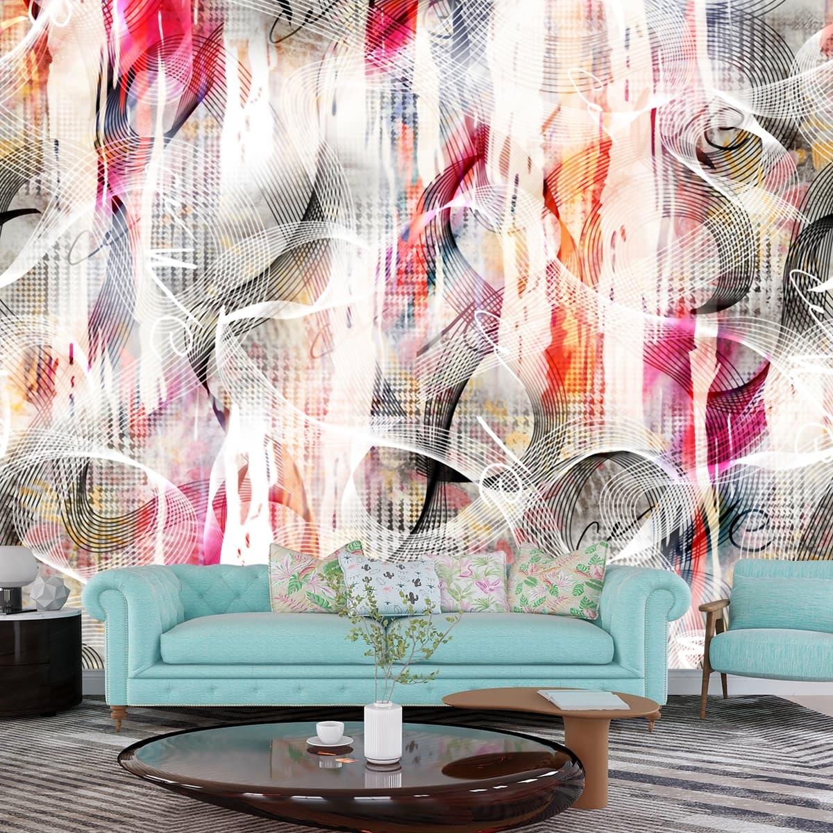 A colorful pattern with lines and swirls shown in a room