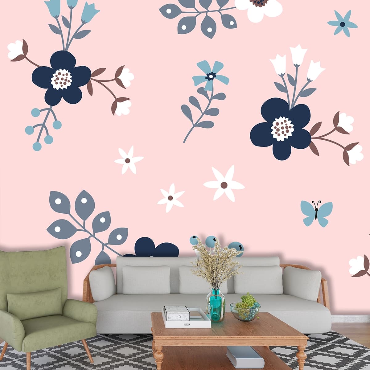 A Cute Floral Pattern Wallpaper shown in a room