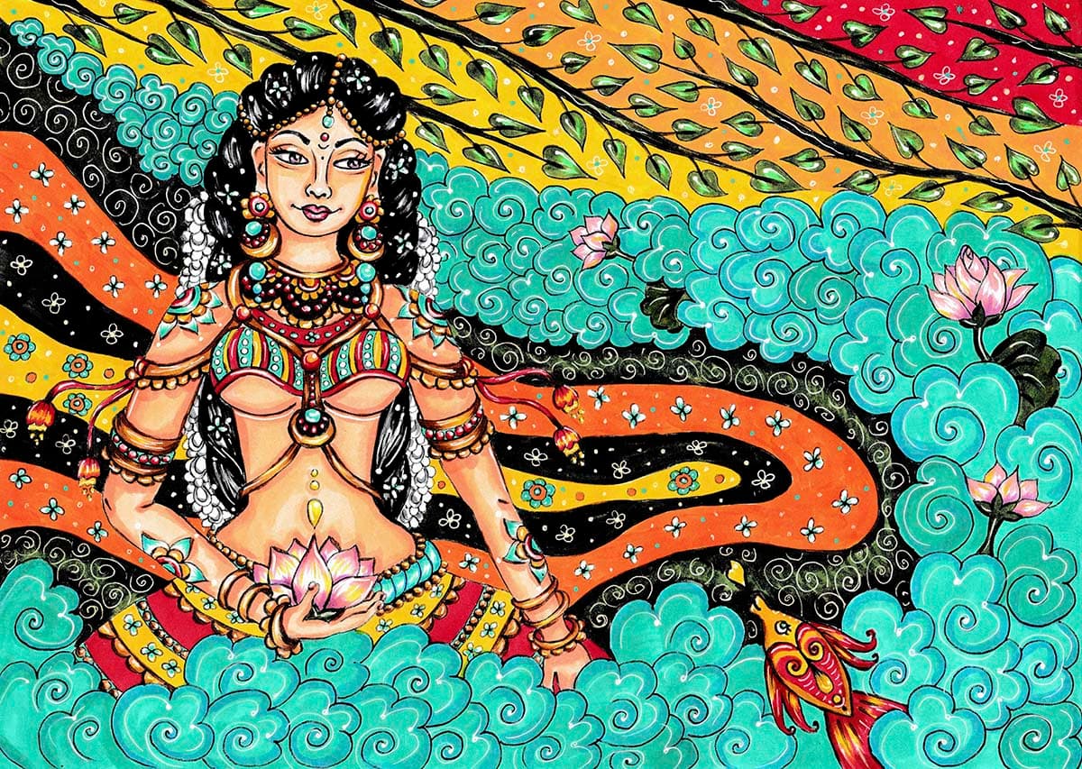 Woman Holding a Lotus Flower Kerala Mural Style Wallpaper pattern detail