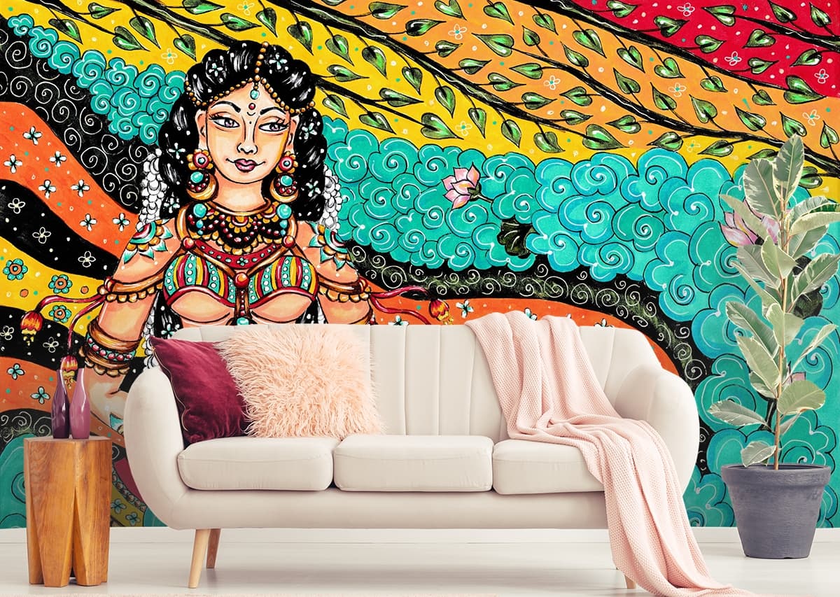 Woman Holding a Lotus Flower Kerala Mural Style Wallpaper shown in a room