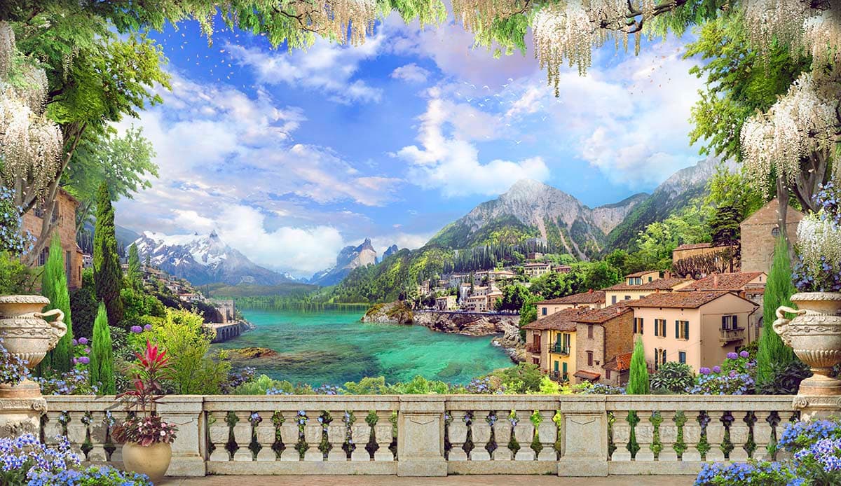 Designer Scenic River with Mountain Town Wallpaper pattern detail