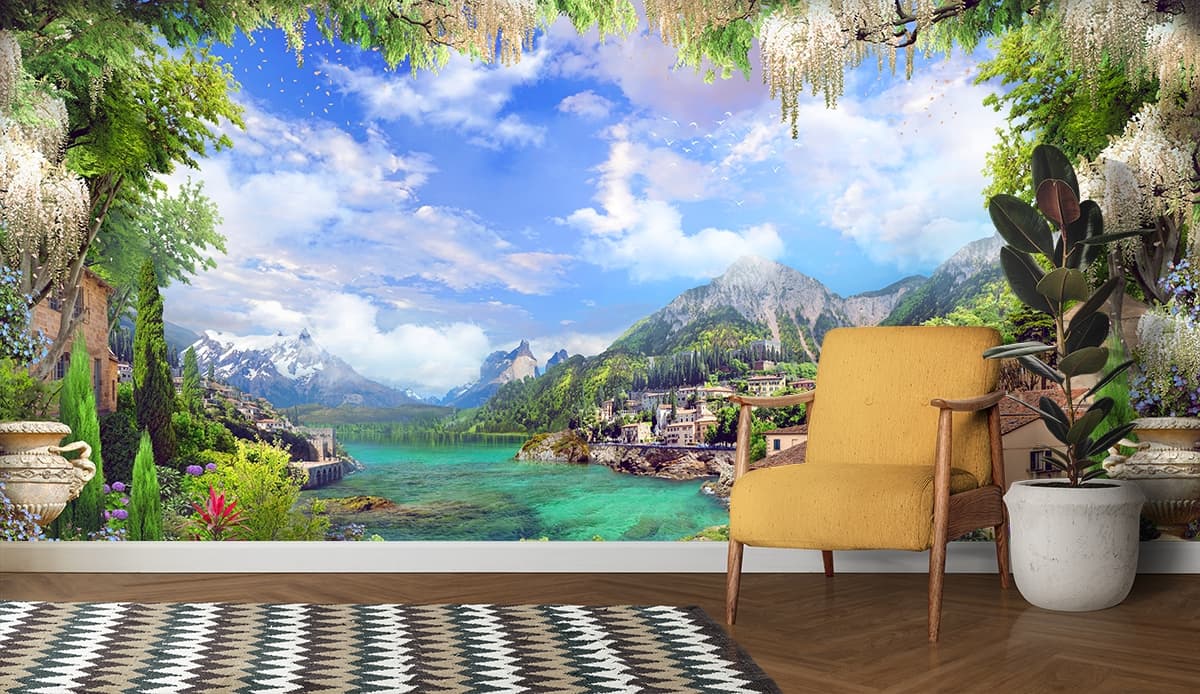 Designer Scenic River with Mountain Town Wallpaper shown in a room