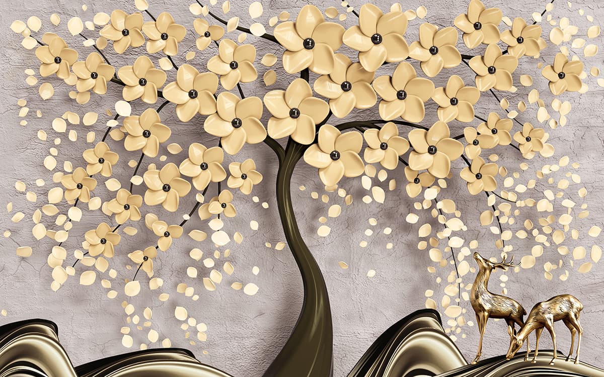 A tree with flowers and a bird pattern detail