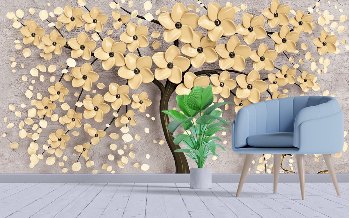 A tree with flowers and a bird shown in a room