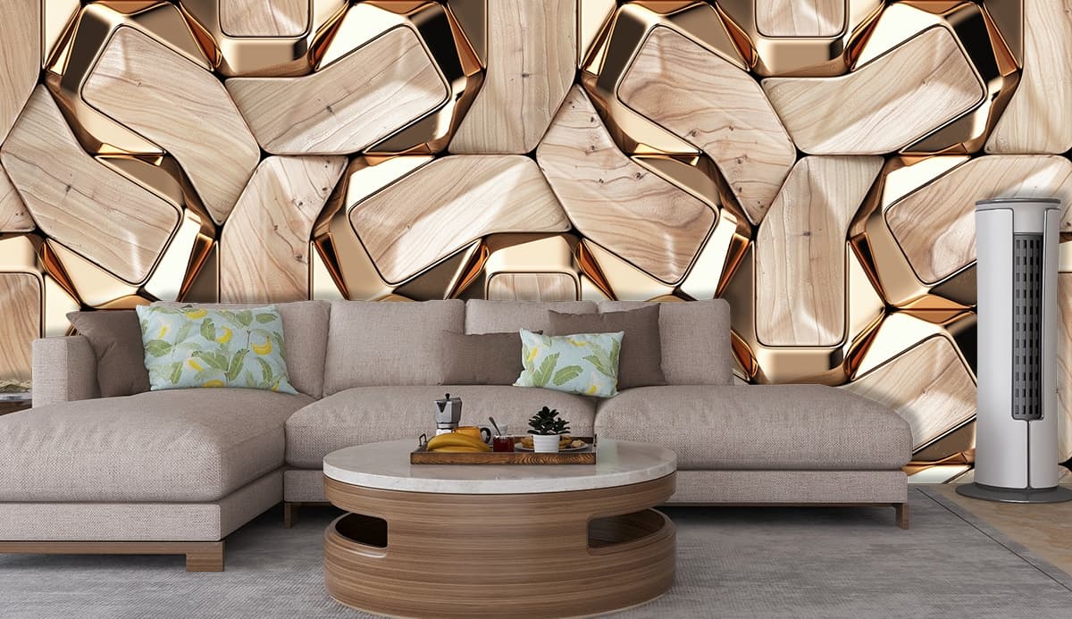Luxury Wood Gold Abstract 3D Pattern Style Wallpaper shown in a room