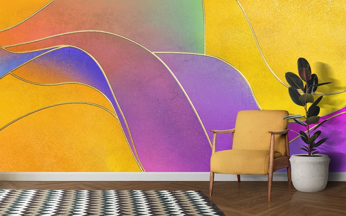 A colorful background with gold lines shown in a room