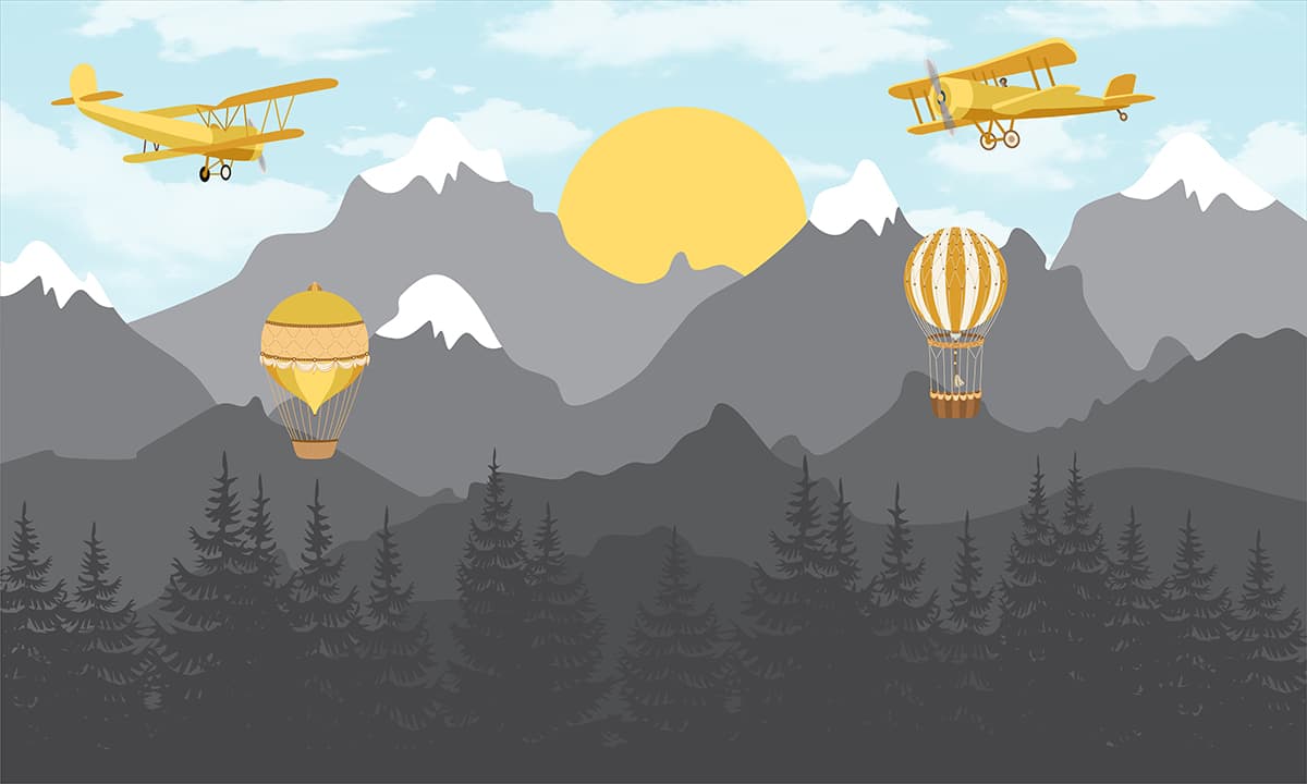 Flying Airplane Over Mountain Landscape Wallpaper pattern detail