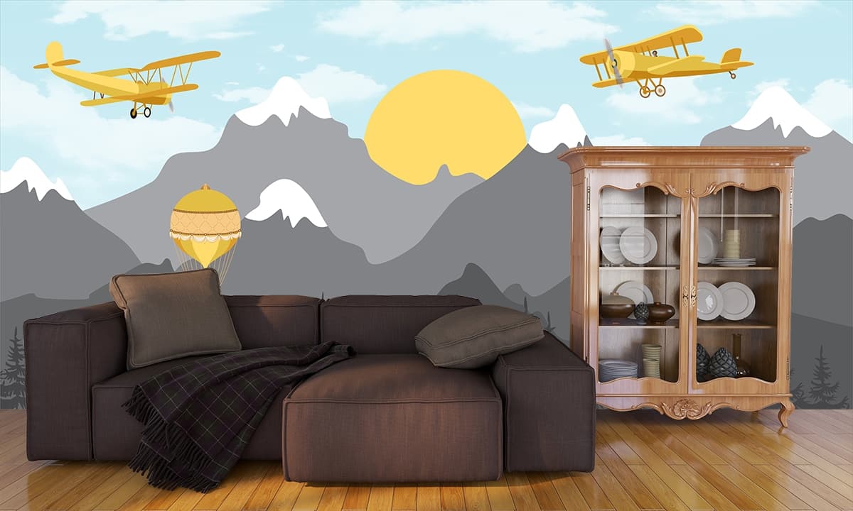 Flying Airplane Over Mountain Landscape Wallpaper shown in a room