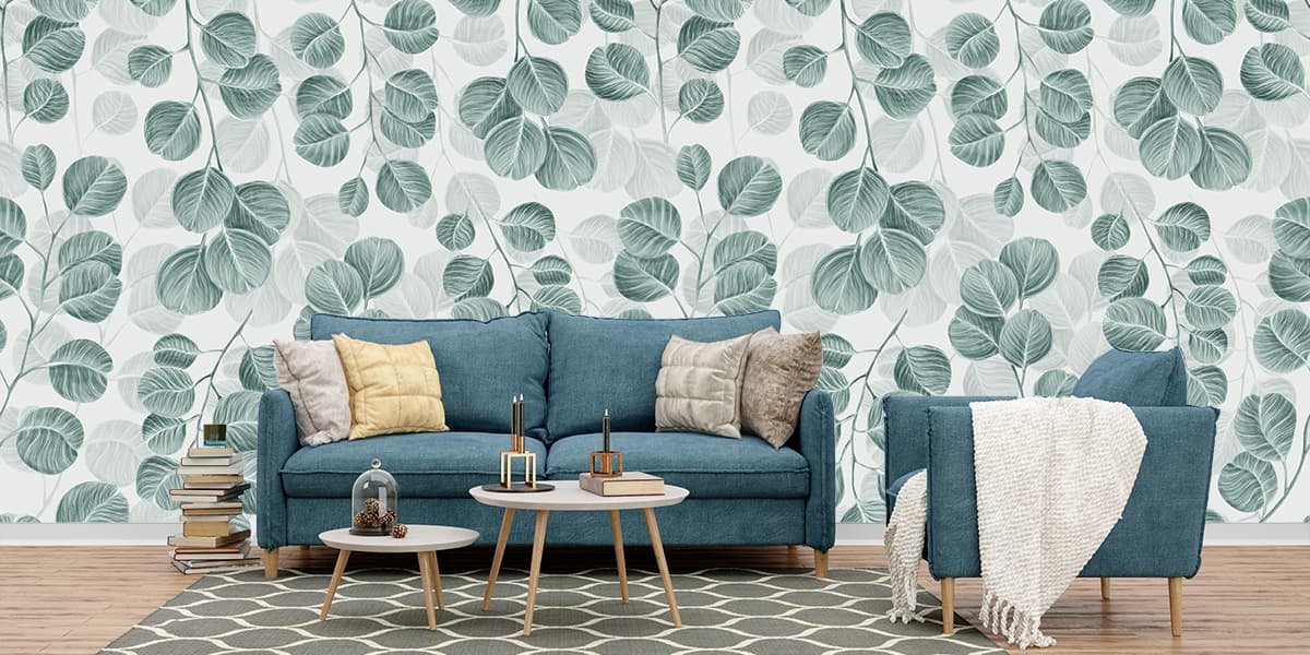 Tranquil Eucalyptus Leaves Wallpaper for Home shown in a room