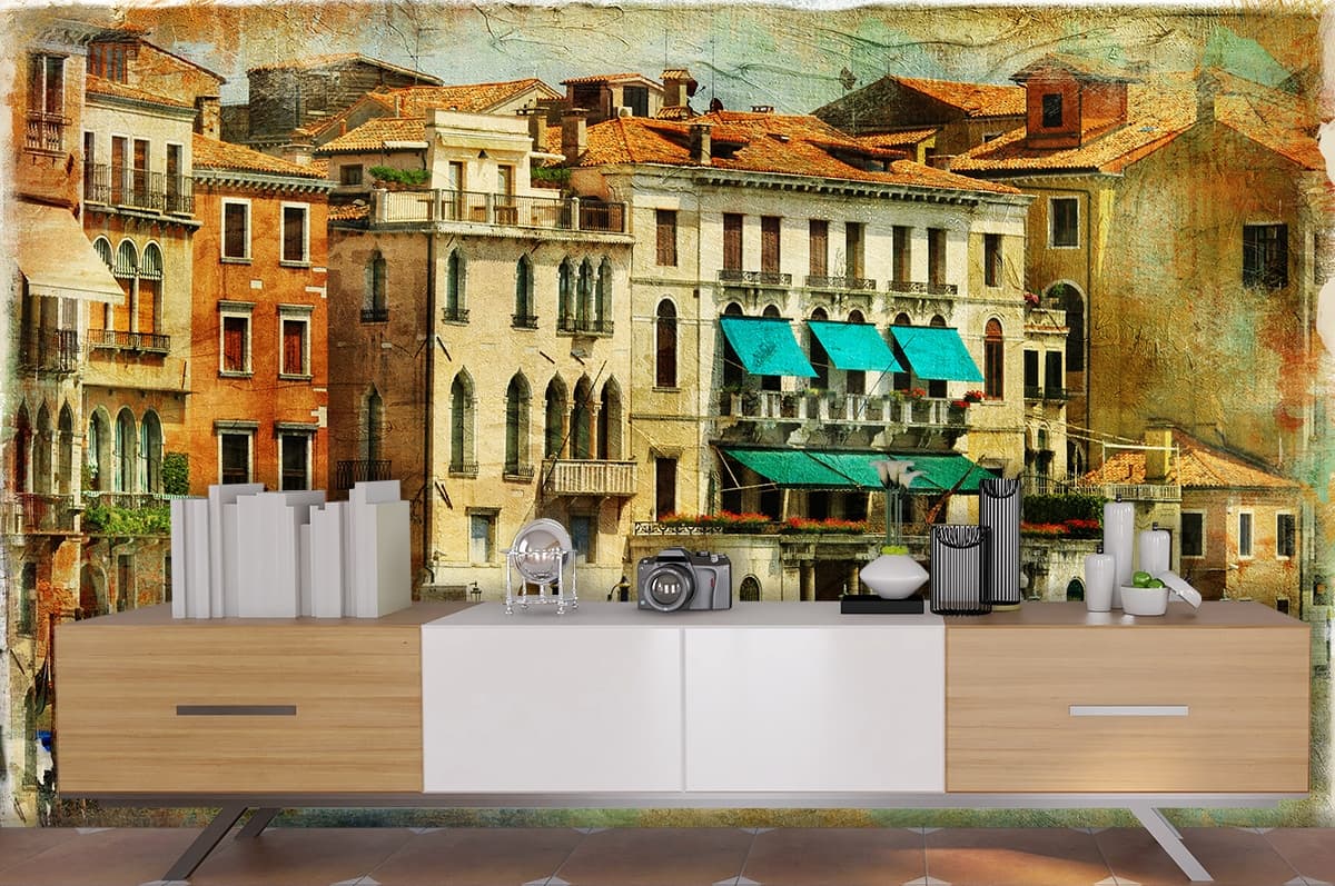 Romantic Venice Gondola Canal Scenic View Wallpaper shown in a room