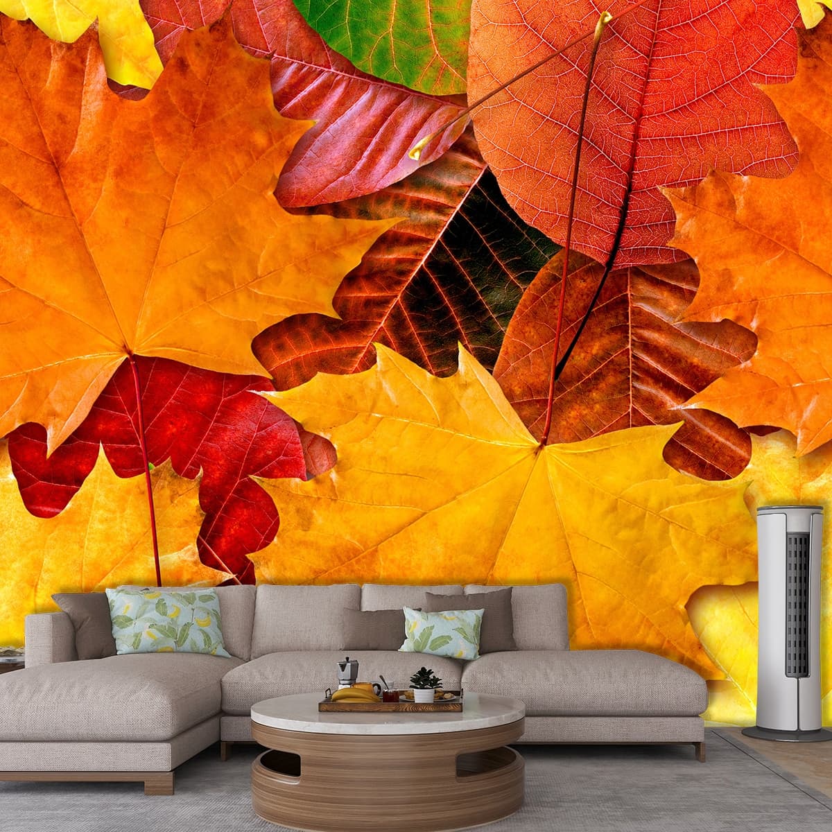 Wallpaper Depicting Leaves from Various Seasons for Walls shown in a room