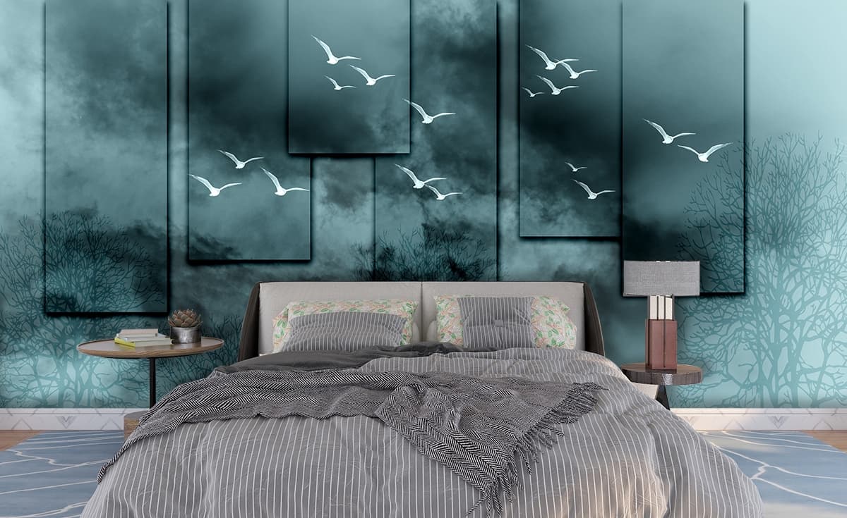 Natures Beauty Flying Birds and Trees Wallpaper shown in a room