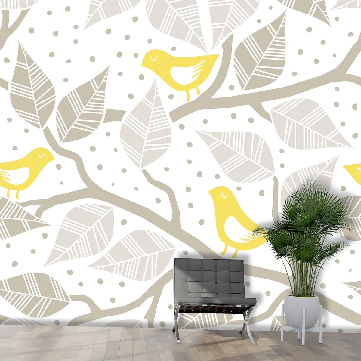 Aesthetic Yellow Birds with Branch Design Wallpaper shown in a room