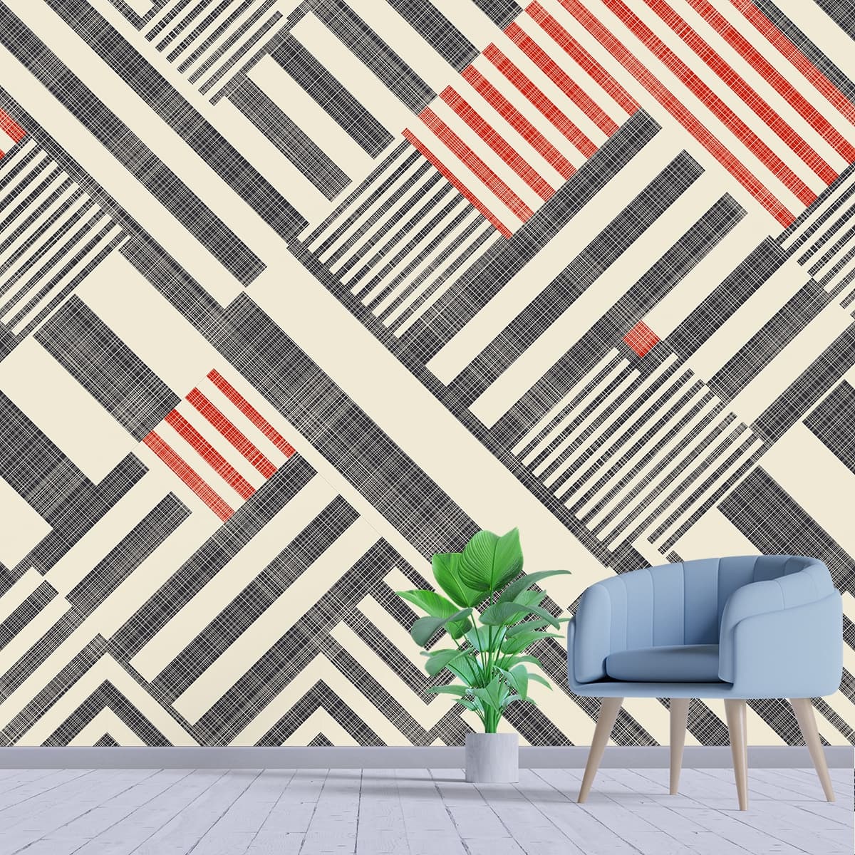 A Pattern of Black and Red Squares Bold Geometric Wallpaper shown in a room