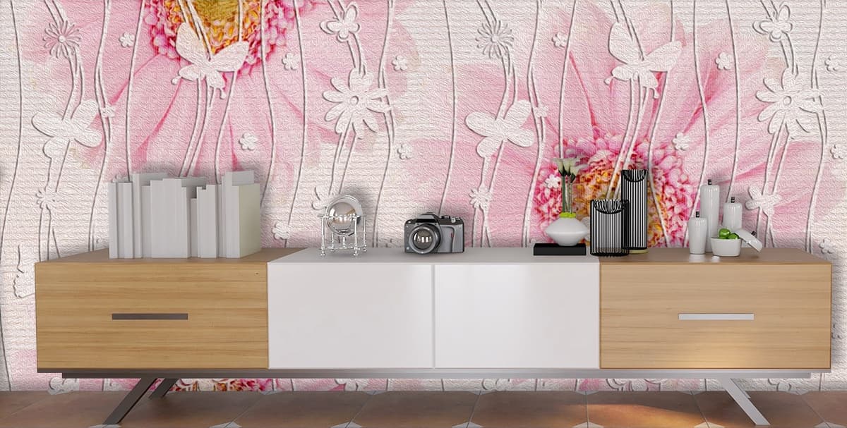 Aesthetic Pink Floral and Butterfly Design Wallpaper shown in a room