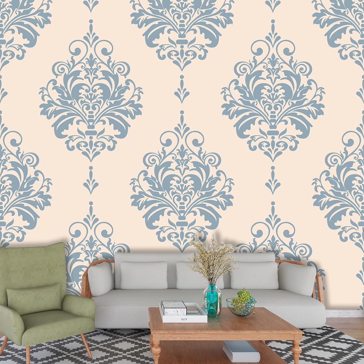 Blue and White Damask Wallpaper for Drawing Room shown in a room